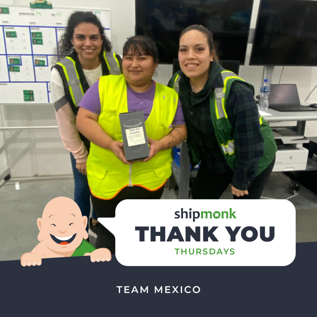 Hey there! Picture this moment: Three incredible individuals donning bright safety vests, beaming with pride in the heart of a lively fulfillment center. Its a snapshot that truly captures the essence of teamwork and dedication. One of these champions is holding a box close, embodying the true spirit of camaraderie and unity. Behind them, theres an inviting sign that reads Shipmonk THANK YOU THURSDAYS TEAM MEXICO, complete with an endearing cartoon character cheering right alongside them. This vibrant image symbolizes more than just logistics; its about connection and gratitude—universal values we all share. ShipMonk.com isnt just about getting items from point A to B; its about creating environments where hard work and team spirit thrive every single day. Just like these incredible team members at ShipMonk are doing down in Mexico! Bravo to you all! 🌟. via ShipMonk.com