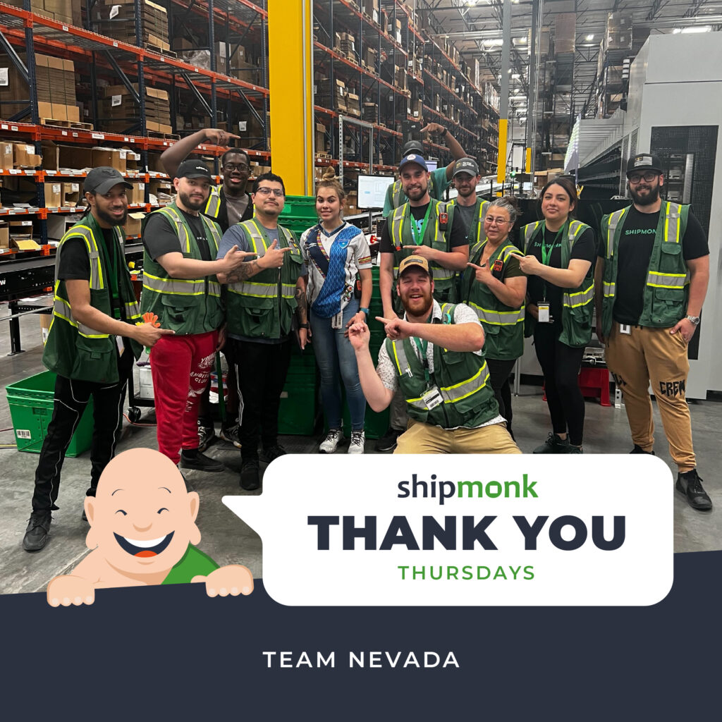 Picture this: A vibrant team of dedicated individuals, their bright green safety vests standing out amidst the bustling energy of a lively warehouse. These wonderful folks are part of the ShipMonk family, and theyre radiating joy and warmth as they gather together, sharing smiles that could light up any room. The air is filled with a sense of camaraderie and accomplishment, perfectly captured in this moment labeled THANK YOU THURSDAYS and TEAM NEVADA. In the background, you cant help but notice the neat rows of shelves brimming with boxes—each one meticulously packed to perfection. This sight is a testament to ShipMonks commitment to efficient fulfillment. Its where precision meets passion; its logistics humming like a well-oiled machine. So heres to these extraordinary individuals at ShipMonk.com who ensure your parcel arrives just when you need it—but always with a little extra heart. Cheers!. via ShipMonk.com