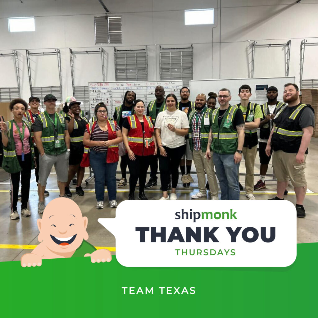 Well, howdy, friends! Imagine a snapshot of pure joy right in the heart of a bustling e-commerce warehouse. Picture this: our incredible team decked out in bright safety vests, smiles so wide theyd warm anyones heart. The sign proudly declares ShipMonk Thank You Thursdays, Team Texas, celebrating their top-notch fulfillment achievements. In the background, shelves brim with promise and that trusty whiteboard stands ready for action—echoing a dynamic 3PL operation alive with energy. Its moments like these that capture the essence of ShipMonk.com—a place where teamwork meets passion in perfect harmony. via ShipMonk.com