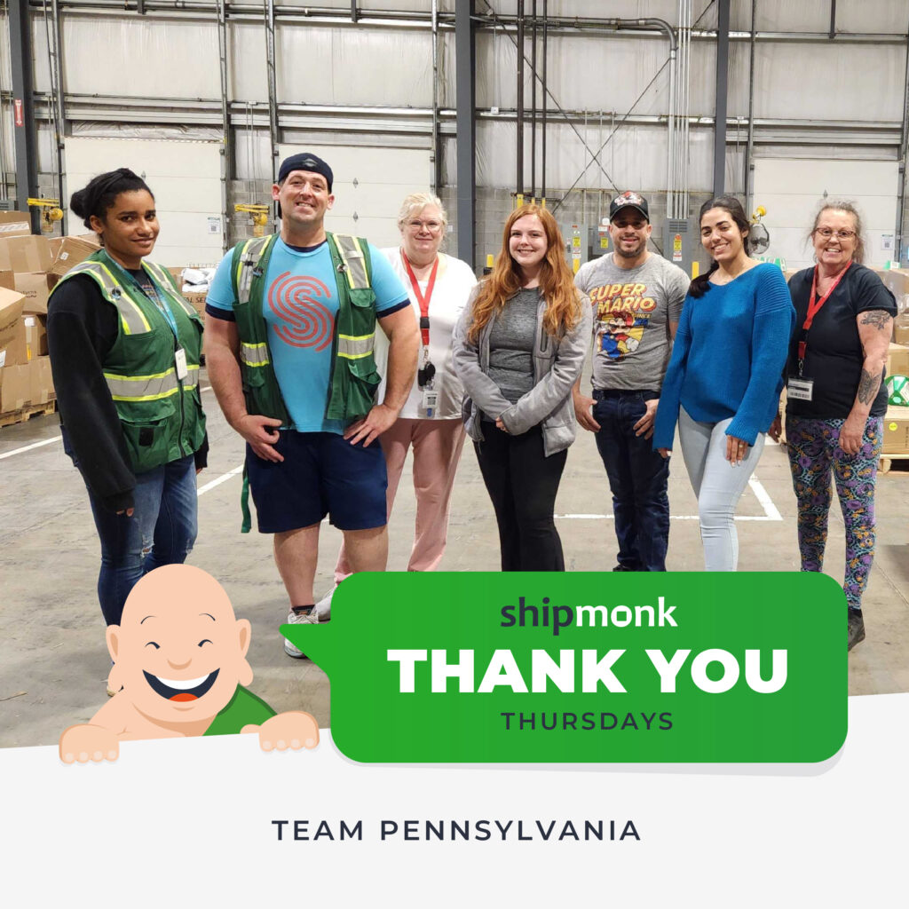 Hey there, friends! Just picture this: a lively scene at our bustling 3PL warehouse, where a dynamic group of seven team members are all smiles. Decked out in casual wear and safety vests, they capture the industrious spirit that makes ShipMonk.com a standout. With stacks of boxes behind them, theyre the heartbeat of Team Pennsylvania. Their cheerful camaraderie is celebrated with our Thank You Thursdays graphic flashing proudly at the bottom, reminding us all how gratitude and teamwork fuel our success. Thanks for being part of this incredible journey!. via ShipMonk.com