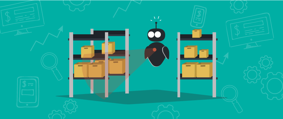 A warehouse robot looks at shelving units.