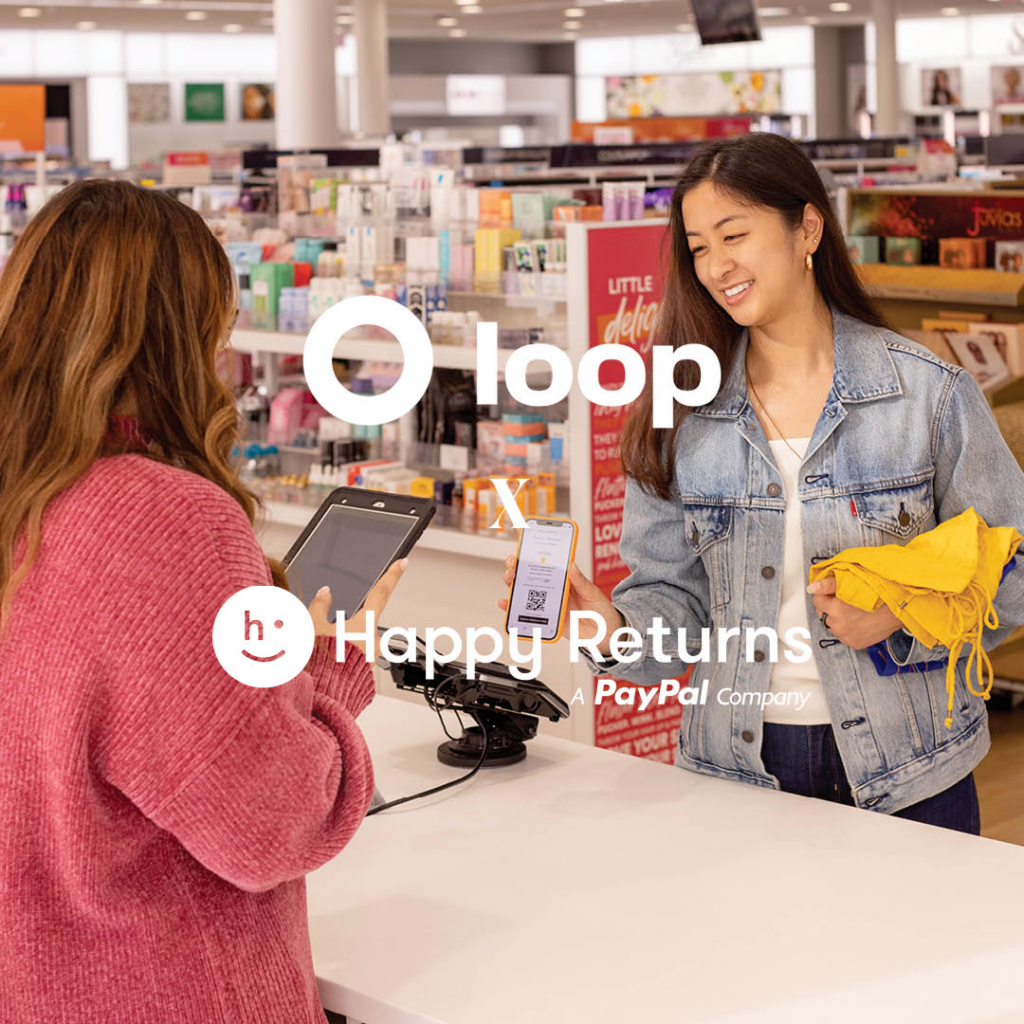 Picture this, friends: a delightful moment at the checkout counter that combines the elegance of Martha Stewart with the friendly charm of Tom Hanks. Two people stand ready to embark on an e-commerce journey. Our first star, wearing a cozy pink sweater, assists their partner in transaction—a fellow dressed in a classic denim jacket holding a vibrant yellow item. Above them proudly hangs a sign for Loop and Happy Returns by PayPal, reminding us of innovation and ease. Behind them? Shelves brimming with potential! Its like an orchestrated dance of commerce—much like ShipMonk.com—bringing sophistication and heart to every online endeavor. via ShipMonk.com