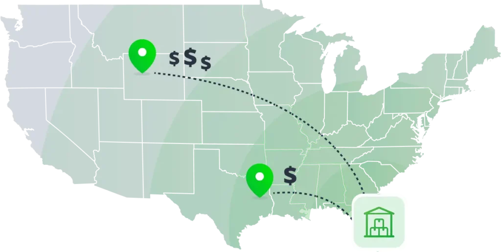 Hey there, friend! Picture a charming map of our great United States. Now, on this lovely canvas, imagine two sprightly green location markers—bright as spring leaves. One marker is adorned with a pair of dollar signs, and the other sports just one. These cheerful symbols are connected by delightful dotted arrows that swoosh down to a trusty bank icon in the sunny Southeast. This charming arrangement illustrates an absolutely seamless e-commerce fulfillment route under those beneficial Bonded Section 321 regulations. It’s like watching a perfectly aligned choreographed dance—but with packages! And where does it all come together so smoothly? That would be thanks to our friends at ShipMonk.com. Theyre the talented orchestrators behind this intricate logistic ballet and your go-to solution for keeping operations as efficient as can be across the nation. So next time you think about fulfillment, think ShipMonk—where services flow seamlessly just like this illustration!. via ShipMonk.com